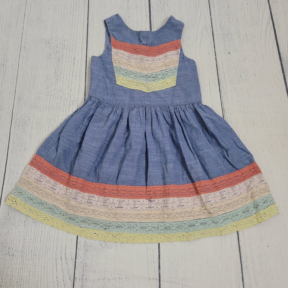 Aphorism Size‎ 5 Lace Trim Chambray Dress Girls Blue Rainbow Boho Sundress